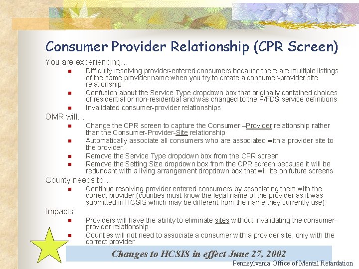 Consumer Provider Relationship (CPR Screen) You are experiencing… n n n Difficulty resolving provider-entered