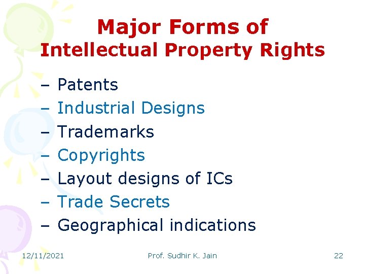 Major Forms of Intellectual Property Rights – – – – Patents Industrial Designs Trademarks