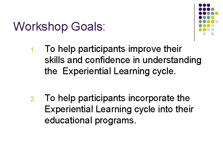 Workshop Goals: 1. To help participants improve their skills and confidence in understanding the