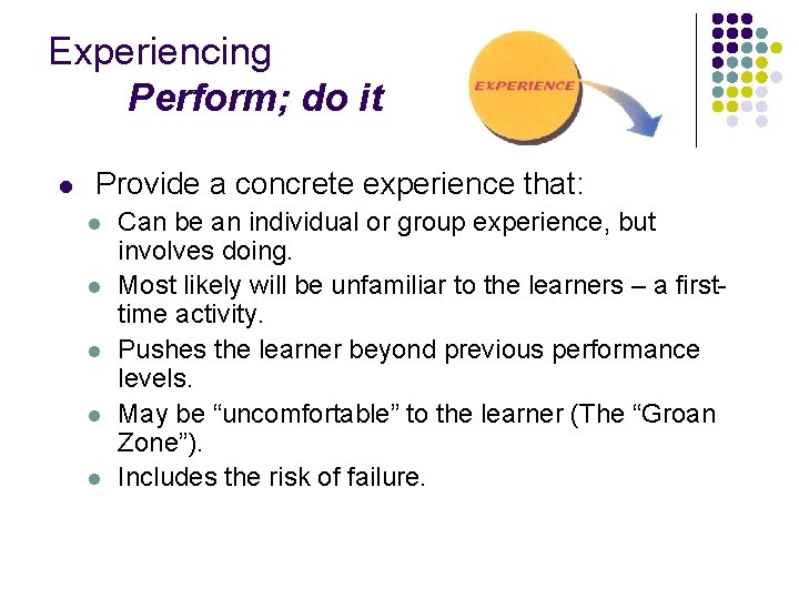 Experiencing Perform; do it l Provide a concrete experience that: l l l Can