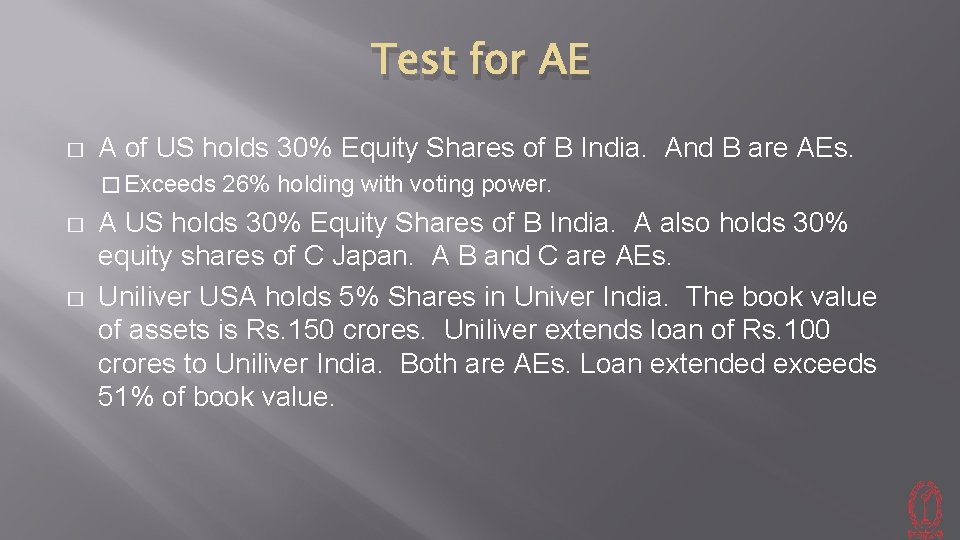 Test for AE � A of US holds 30% Equity Shares of B India.