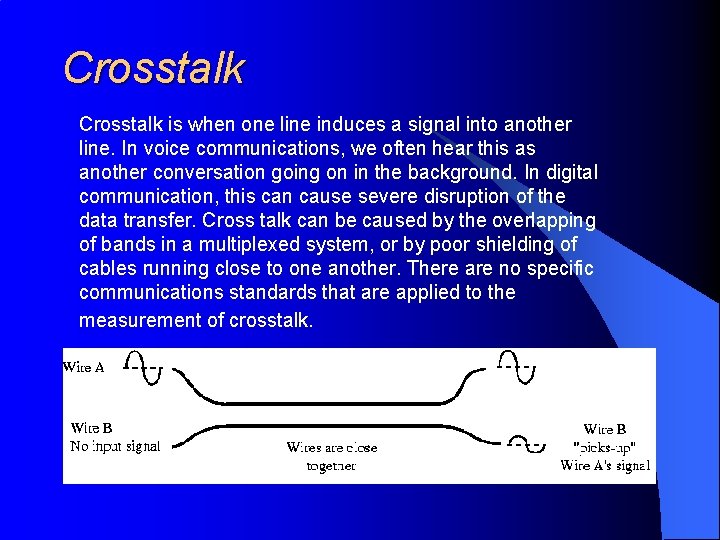 Crosstalk is when one line induces a signal into another line. In voice communications,