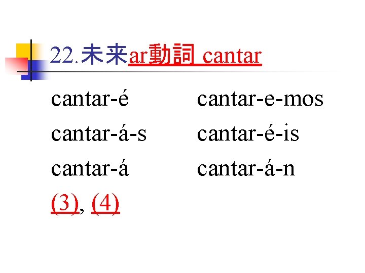 22. 未来ar動詞 cantar-é cantar-á-s cantar-á (3), (4) cantar-e-mos cantar-é-is cantar-á-n 