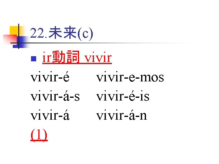 22. 未来(c) ir動詞 vivir-é vivir-e-mos vivir-á-s vivir-é-is vivir-á-n (1) n 