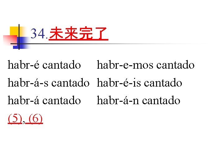 34. 未来完了 habr-é cantado habr-e-mos cantado habr-á-s cantado habr-é-is cantado habr-á-n cantado (5), (6)