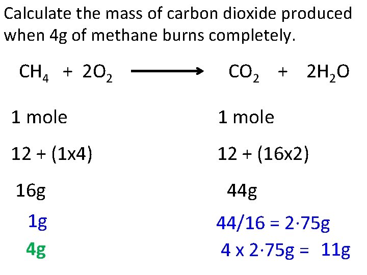 Calculate the mass of carbon dioxide produced when 4 g of methane burns completely.