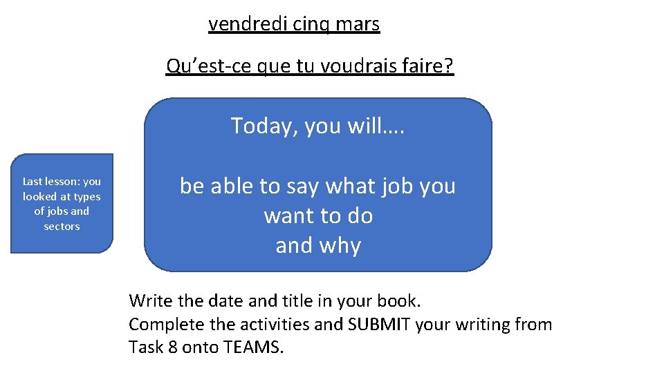 vendredi cinq mars Qu’est-ce que tu voudrais faire? Today, you will…. Last lesson: you