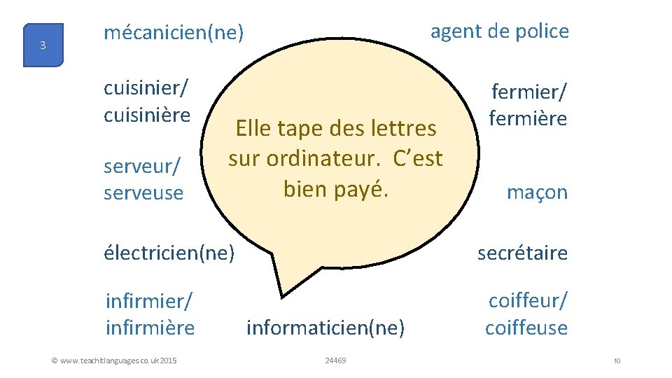 3 agent de police mécanicien(ne) cuisinier/ cuisinière serveur/ serveuse Elle tape des lettres sur