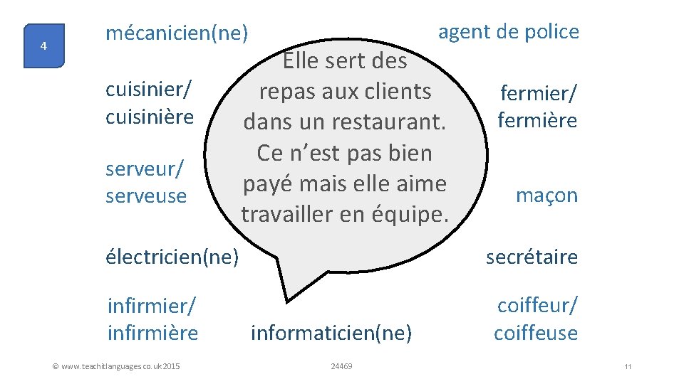 4 agent de police mécanicien(ne) cuisinier/ cuisinière serveur/ serveuse Elle sert des repas aux