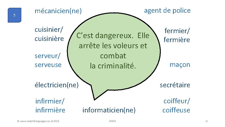 5 agent de police mécanicien(ne) cuisinier/ cuisinière serveur/ serveuse C’est dangereux. Elle arrête les