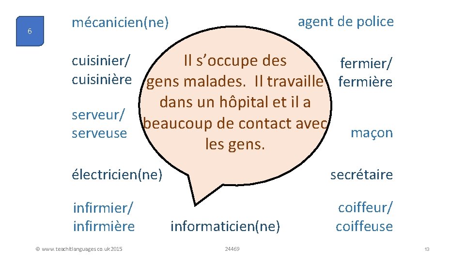 6 agent de police mécanicien(ne) cuisinier/ Il s’occupe des fermier/ cuisinière gens malades. Il