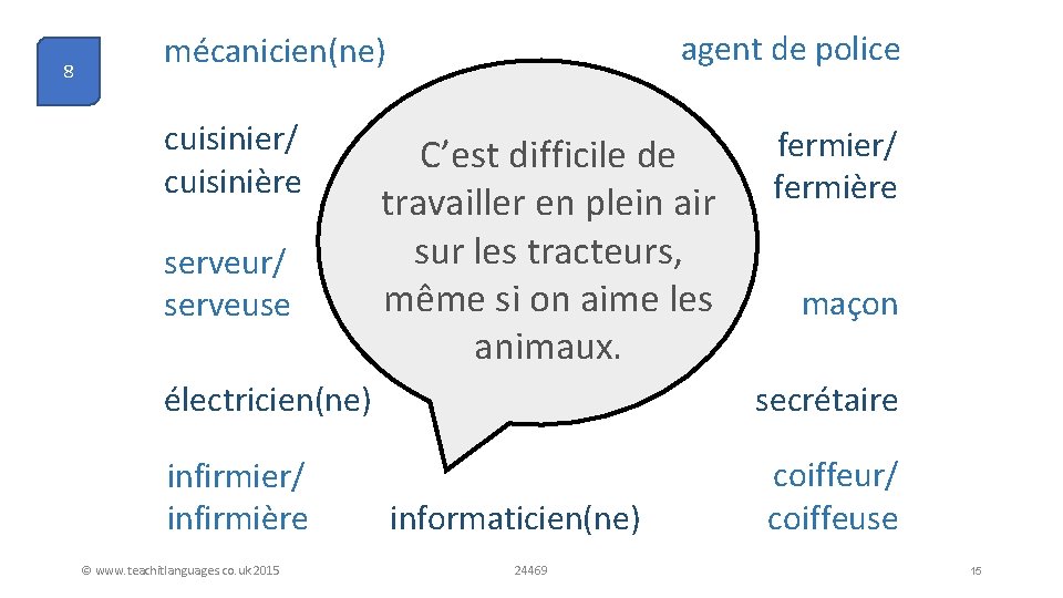 8 agent de police mécanicien(ne) cuisinier/ cuisinière serveur/ serveuse C’est difficile de travailler en