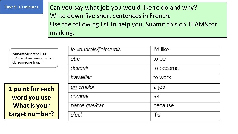 Task 8: 10 minutes Can you say what job you would like to do