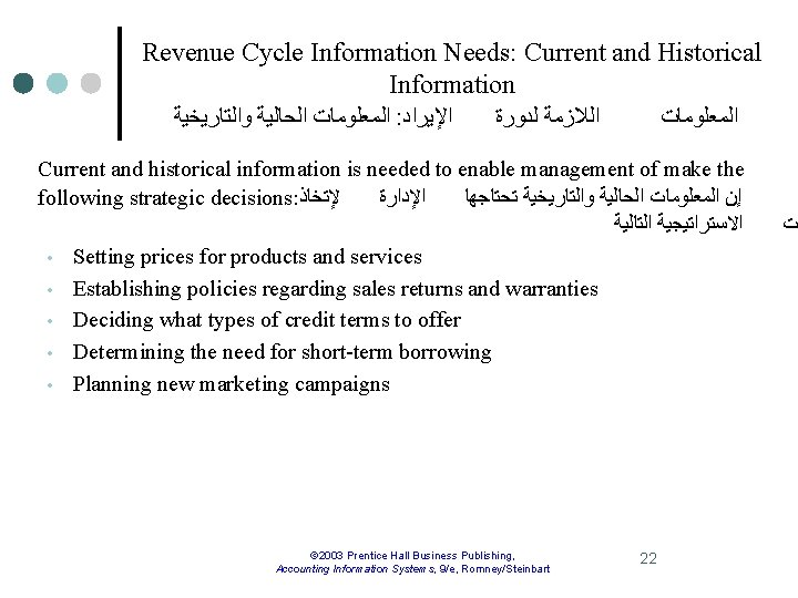 Revenue Cycle Information Needs: Current and Historical Information ﺍﻟﻤﻌﻠﻮﻣﺎﺕ ﺍﻟﺤﺎﻟﻴﺔ ﻭﺍﻟﺘﺎﺭﻳﺨﻴﺔ : ﺍﻹﻳﺮﺍﺩ ﺍﻟﻼﺯﻣﺔ