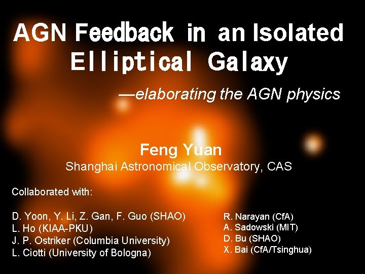 AGN Feedback in an Isolated Elliptical Galaxy —elaborating the AGN physics Feng Yuan Shanghai