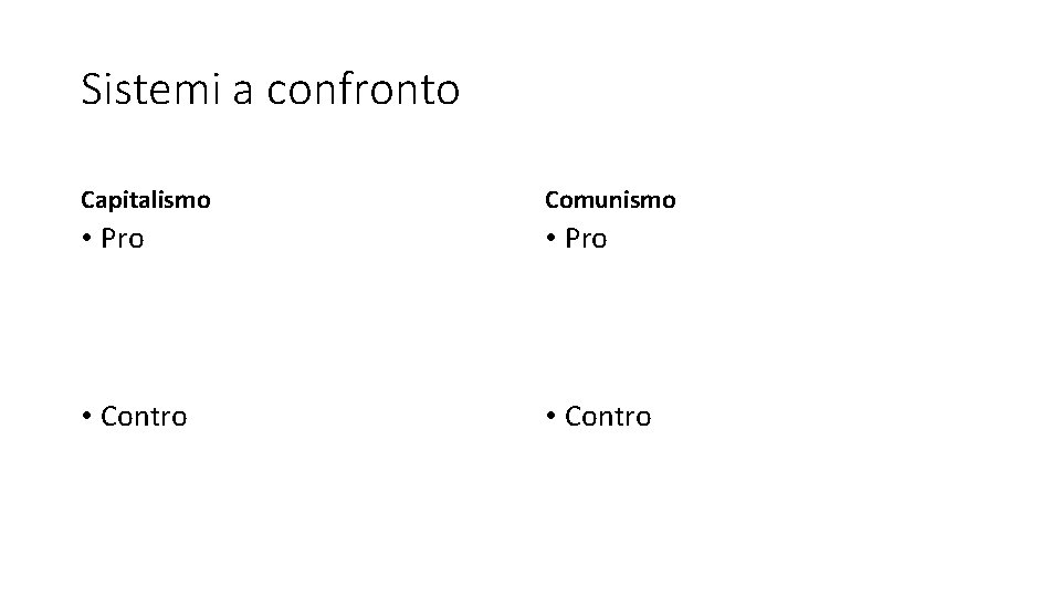 Sistemi a confronto Capitalismo Comunismo • Pro • Contro 