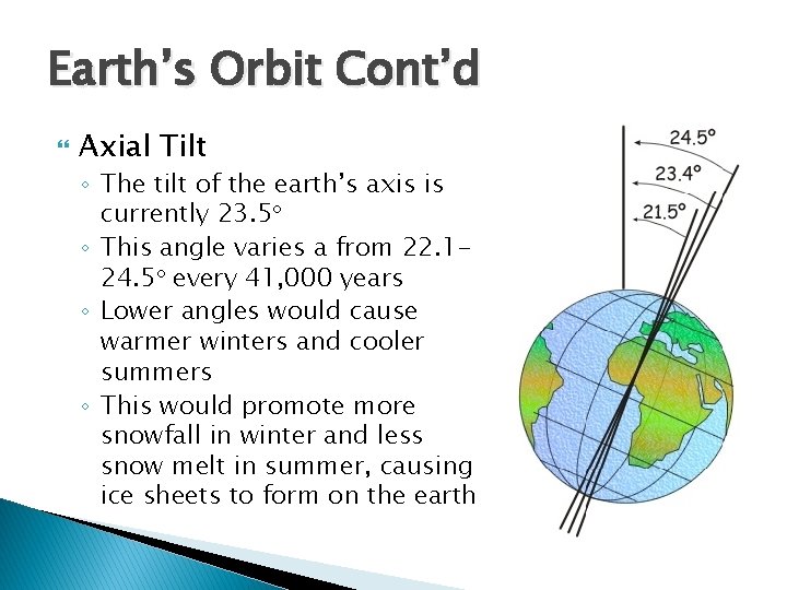 Earth’s Orbit Cont’d Axial Tilt ◦ The tilt of the earth’s axis is currently Earth’s Orbit Cont’d Axial Tilt ◦ The tilt of the earth’s axis is currently