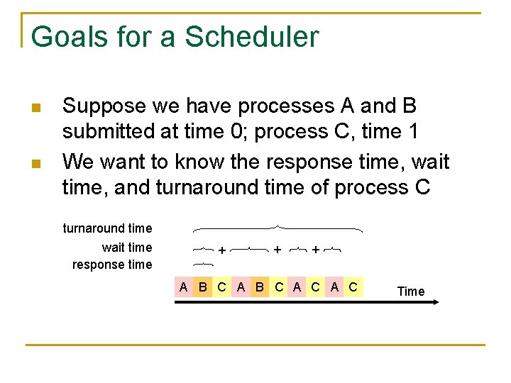 Goals for a Scheduler n n Suppose we have processes A and B submitted