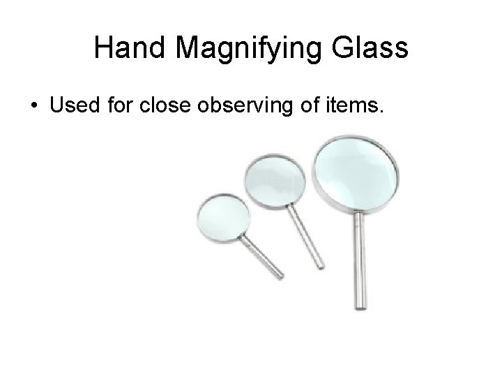 Hand Magnifying Glass • Used for close observing of items. 