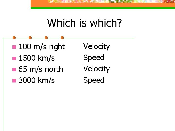 Which is which? 100 m/s right n 1500 km/s n 65 m/s north n