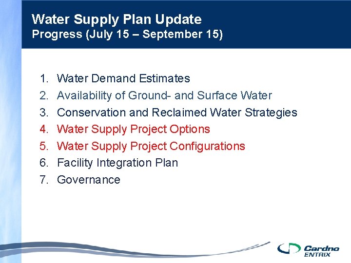 Water Supply Plan Update Progress (July 15 – September 15) 1. 2. 3. 4.