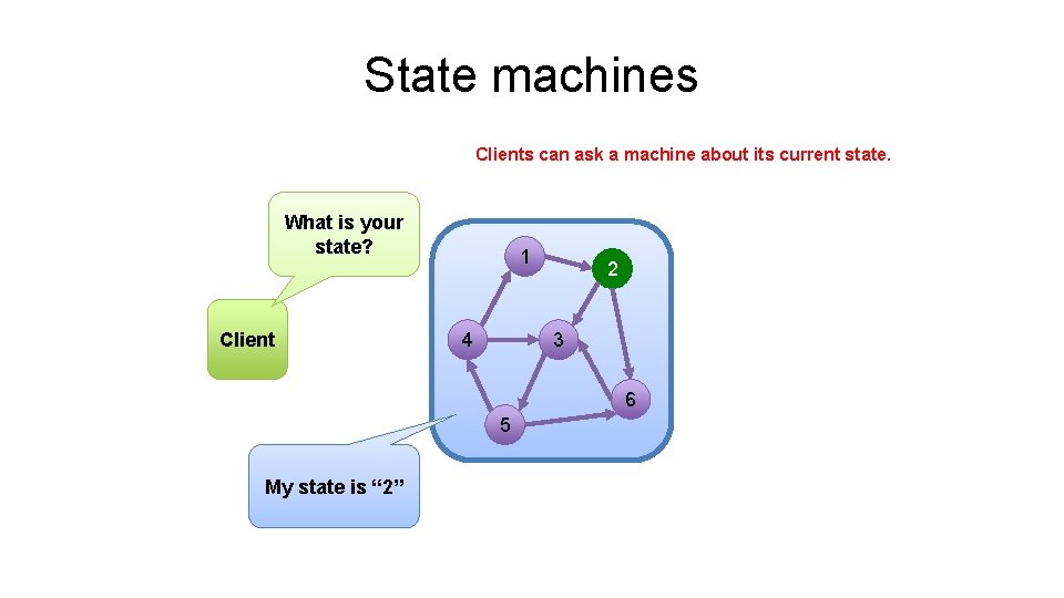 State machines Clients can ask a machine about its current state. What is your