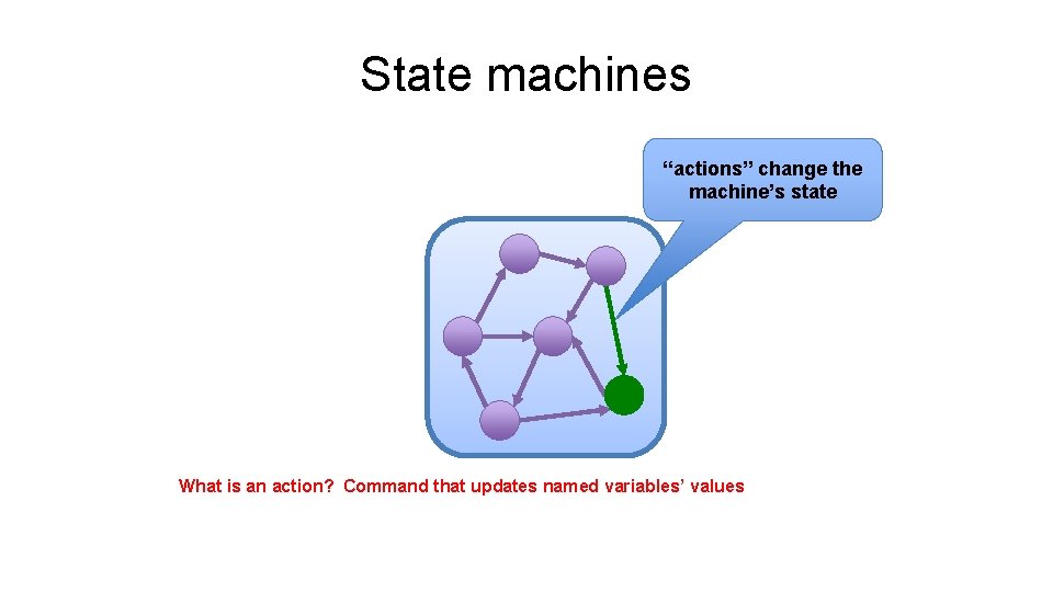 State machines “actions” change the machine’s state What is an action? Command that updates