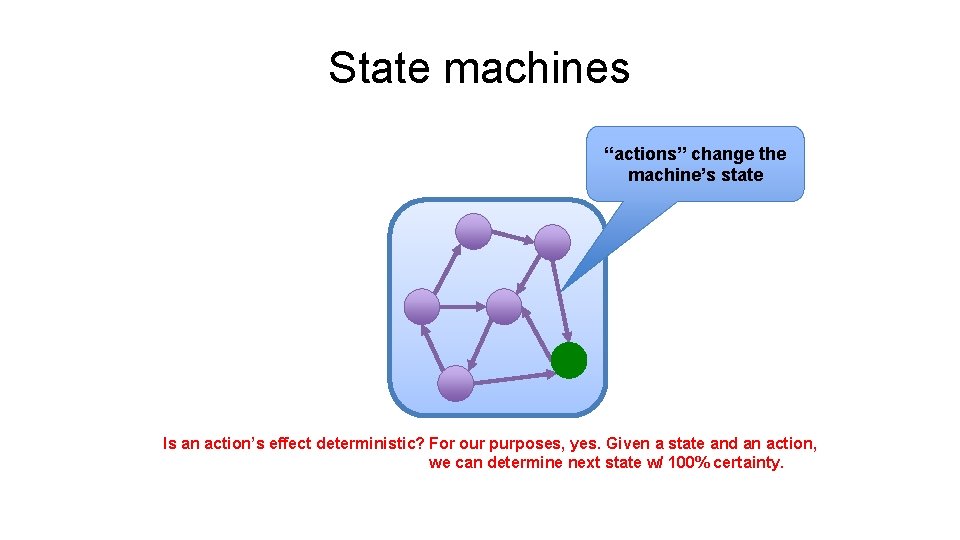 State machines “actions” change the machine’s state Is an action’s effect deterministic? For our