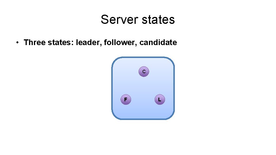 Server states • Three states: leader, follower, candidate C F L 