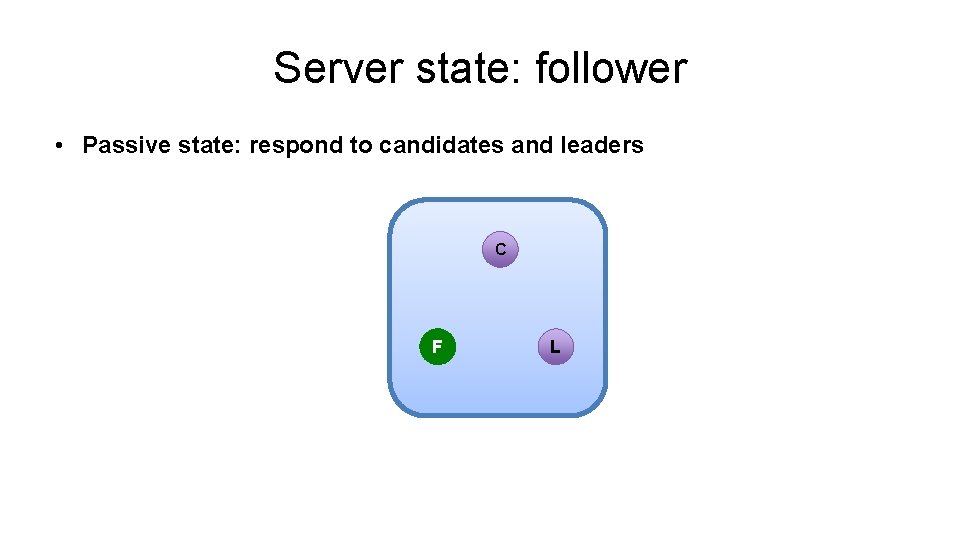 Server state: follower • Passive state: respond to candidates and leaders C F L