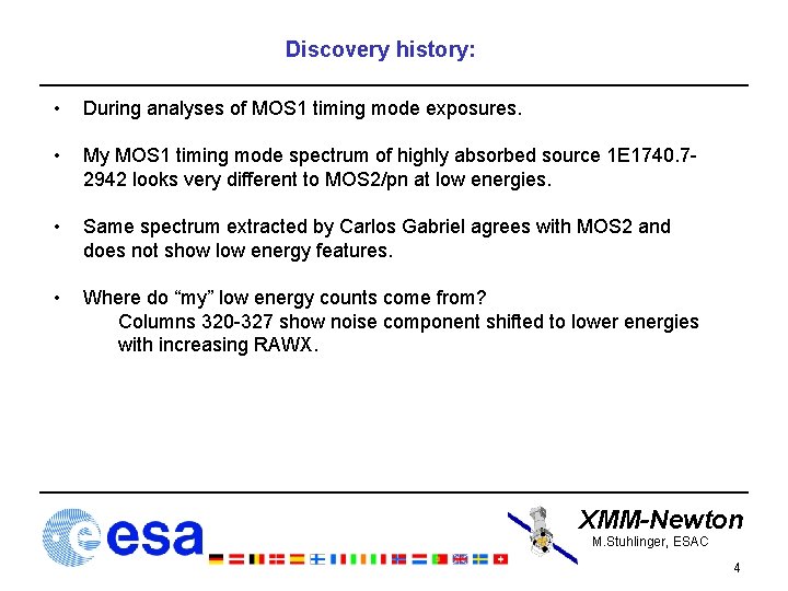 Discovery history: • During analyses of MOS 1 timing mode exposures. • My MOS