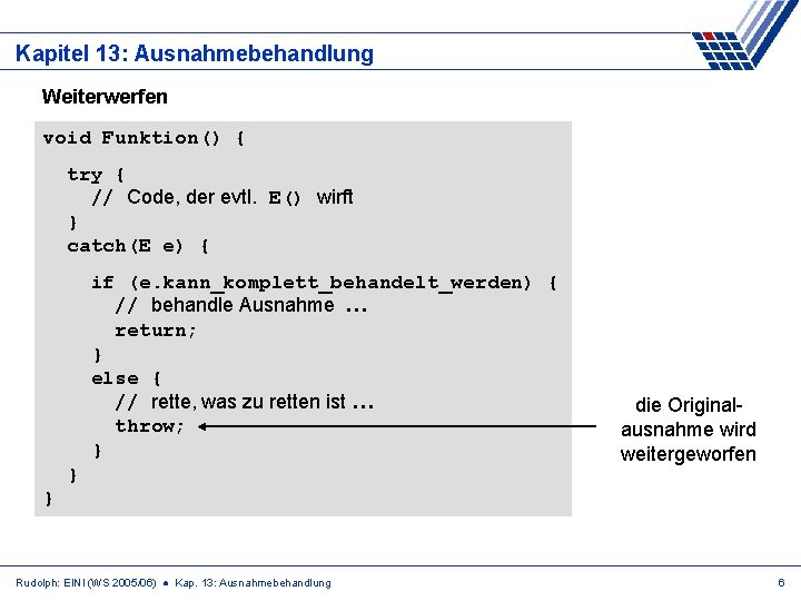 Kapitel 13: Ausnahmebehandlung Weiterwerfen void Funktion() { try { // Code, der evtl. E()