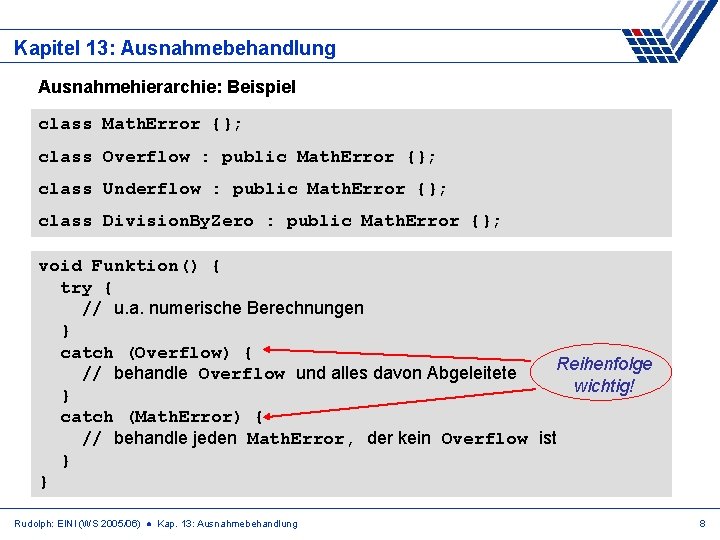 Kapitel 13: Ausnahmebehandlung Ausnahmehierarchie: Beispiel class Math. Error {}; class Overflow : public Math.