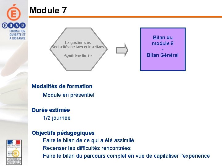 Module 7 La gestion des Scolarités actives et inactives Synthèse finale Bilan du module