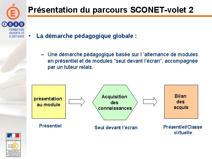 Présentation du parcours SCONET-volet 2 • La démarche pédagogique globale : – Une démarche