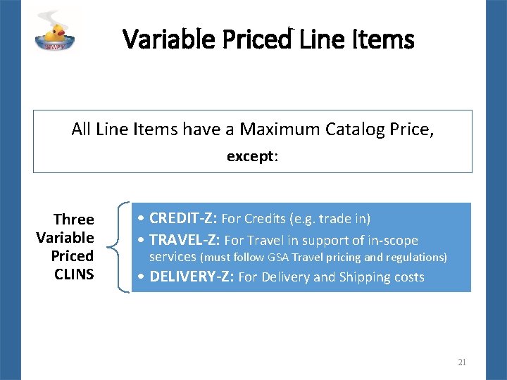 Variable Priced Line Items All Line Items have a Maximum Catalog Price, except: Three