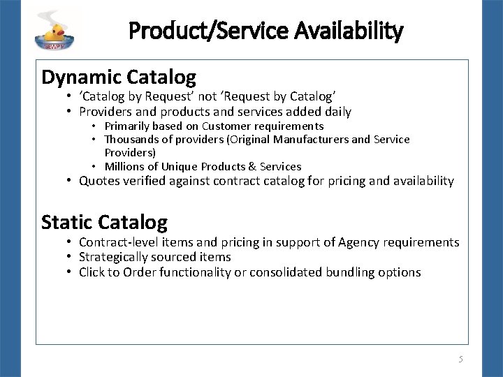 Product/Service Availability Dynamic Catalog • ‘Catalog by Request’ not ‘Request by Catalog’ • Providers