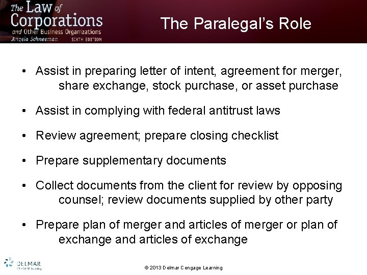 The Paralegal’s Role • Assist in preparing letter of intent, agreement for merger, share