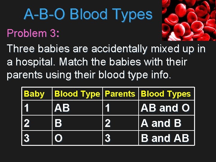 A-B-O Blood Types Problem 3: Three babies are accidentally mixed up in a hospital.