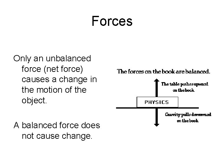 Forces Only an unbalanced force (net force) causes a change in the motion of