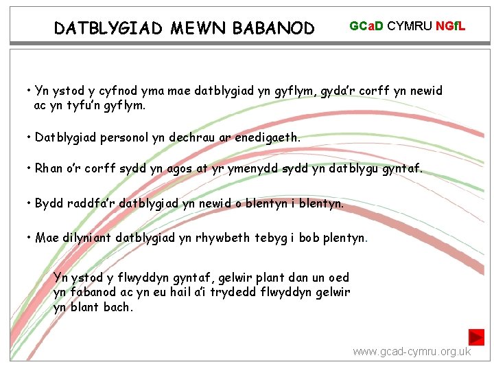 DATBLYGIAD MEWN BABANOD GCa. D CYMRU NGf. L • Yn ystod y cyfnod yma