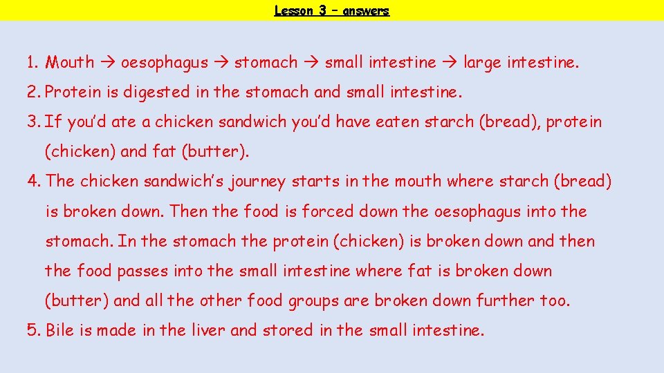 Lesson 3 – answers 1. Mouth oesophagus stomach small intestine large intestine. 2. Protein