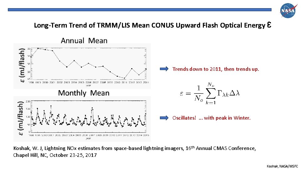 Long-Term Trend of TRMM/LIS Mean CONUS Upward Flash Optical Energy ℇ Trends down to