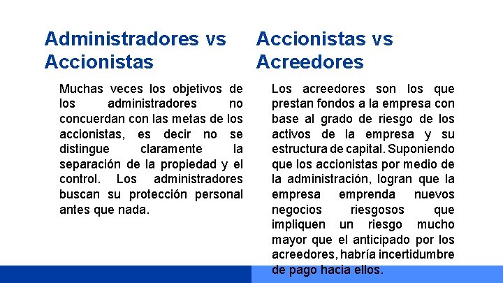 Administradores vs Accionistas Muchas veces los objetivos de los administradores no concuerdan con las