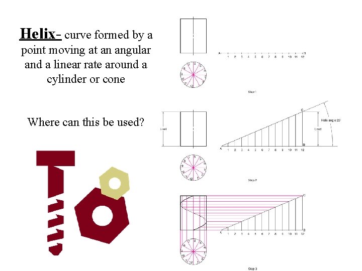 Helix- curve formed by a point moving at an angular and a linear rate Helix- curve formed by a point moving at an angular and a linear rate