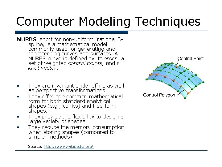 Computer Modeling Techniques NURBS, short for non-uniform, rational Bspline, is a mathematical model commonly Computer Modeling Techniques NURBS, short for non-uniform, rational Bspline, is a mathematical model commonly