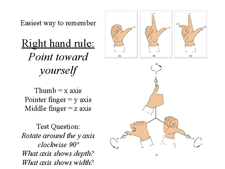 Easiest way to remember Right hand rule: Point toward yourself Thumb = x axis Easiest way to remember Right hand rule: Point toward yourself Thumb = x axis