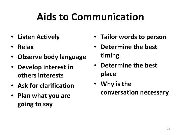 Aids to Communication Listen Actively Relax Observe body language Develop interest in others interests