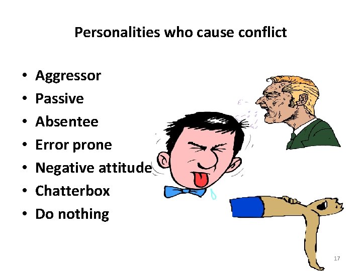 Personalities who cause conflict • • Aggressor Passive Absentee Error prone Negative attitude Chatterbox