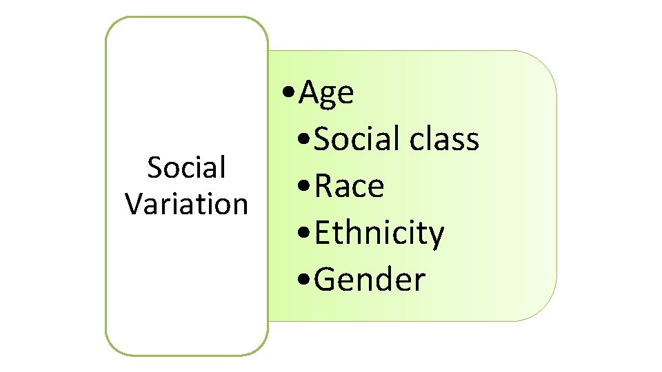  • Age • Social class Social • Race Variation • Ethnicity • Gender